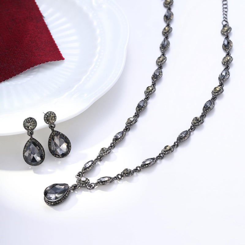 EleQueen Women's Wedding Bridal Jewelry Set for Brides Bridesmaids, Crystal Teardrop Necklace Dangle Earrings Jewellery for Party Prom Grey Color Black-Tone - Image 5
